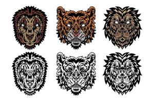 Animal face lion, tiger vintage retro style. Vector illustration isolated on white background. Design element.