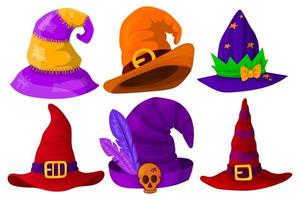 Set of hats of wizards, magicians, witches of different colors and shapes. Isolated object on a white background. Vector illustration.