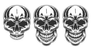 Set of Vintage retro human skull and jaw isolated vector illustration on a white background. Design element for logo, badge, tattoo, banner, poster.