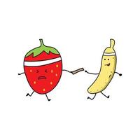 Kids drawing style funny banana and strawberry run a marathon in a cartoon style vector