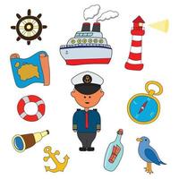 Hand drawn color children sailor set with all sailor equipment and tools. Cute ship captain boat lighthouse sea and ocean sailing tools. vector