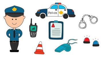 ilustración, vector, gráfico, mano, dibujado, color, de, oficial de policía, con, equipo, y, herramientas, policía, icono vector