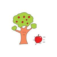 niños dibujando estilo lindo una manzana corre a través de un árbol un estilo de dibujos animados vector