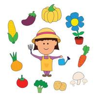 Hand drawn color children garden set with all kind of vegetables. Cute gardener planting flowers tomatoes carrot and other vegetables.