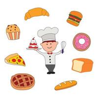 Hand drawn color children bakery set all kinds of breads. Cute baker pastries baked foods. vector