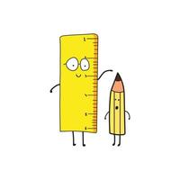 Kids drawing style funny cute ruler measures a pencil in a cartoon style vector