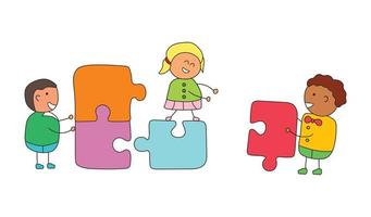 Vector Illustration Of Kids Playing Puzzle. Vector illustration in a flat style on a white background.