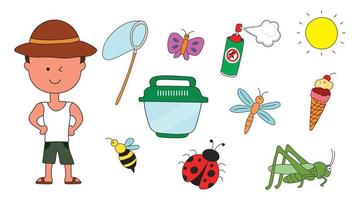 conjunto de niños atrapando insectos. niños vacaciones de verano recolección de insectos y equipo de caza de insectos vector
