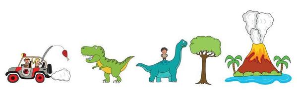 set of isolated cute children playing with dinosaurs. A volcanoes with T-Rex chasing a jeep car and Brachiosaurus eating leaves vector illustration