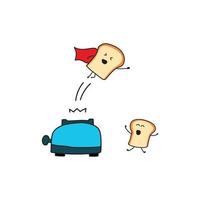 Kids drawing style funny toaster cute bread jumps like superman in a cartoon style vector