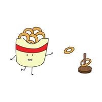 illustration vector graphic Kids drawing style funny fried onion rings playing ring toss game in a cartoon style.