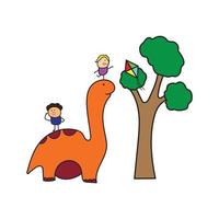 illustration vector graphic Kids drawing style funny dinosaur with kids taking kite in a cartoon style.