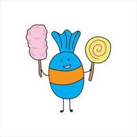 illustration vector graphic Kids drawing style funny cute candy holding lollipop and cotton candy in a cartoon style.