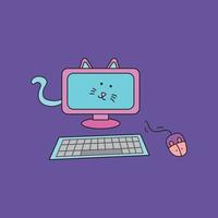 Illustration vector graphic Kids drawing style funny cute computer cat with keyboard and mouse in a cartoon style.