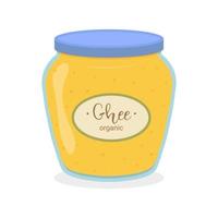 Ghee butter in a glass jar on a white background. Keto diet. Vector illustration.