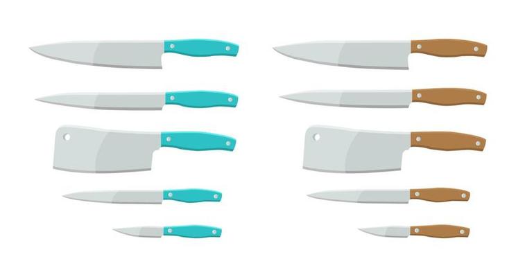 Kitchenware vector illustration. Kitchen knife in flat style, Utensils for cooking. Set of different kind of knives isolated on white background. Knife set.