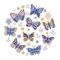 Butterflies and flowers doodle set. Flying insects in sketch style. Hand drawn vector illustration isolated on white background