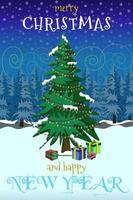 Christmas greeting card. Xmas tree with gifs. Winter forest at night. Colorful vector illustration.