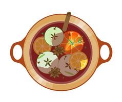 Delicious mulled wine in cooking pot. Top view of cauldron of hot wine with aromatic spices and citrus fruits. Christmas or New Year's warming drink. Can be used for menu, cafe and restaurant. Vector