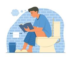 Man Sitting on Toilet Bowl and Reading Book vector