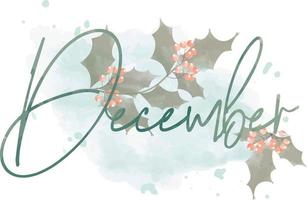 December month text watercolor flowers and leaves vector