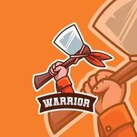Raised hand holding war axe sport mascot badge emblem logo
