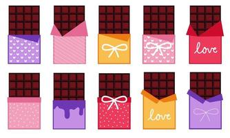 Chocolate bar vector illustration. Set of chocolate bars in colorful wrappers.