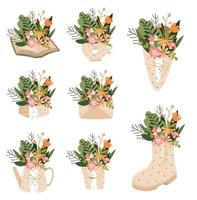 Set of flower bouquet in vases. Spring collection with different vases. Set of beautiful flower. vector