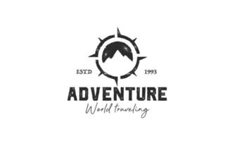 adventure logo with mountain and compass design, vector illustration