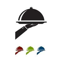 bandeja de servicio de comida con la mano un camarero camarera logo símbolo restaurante vector ilustración en estilo plano