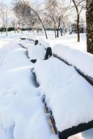 snow-covered benches in garden in sunny winter day photo