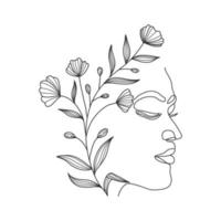 Abstract woman face one line drawing,minimalistic woman with leaves portaits continuous linier simple vector