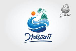 plantilla de logotipo vectorial hawaiano. olas de agua con sol, palmeras y playa, para restaurante y hotel. vector