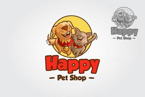 Happy Pets Shop Vector Logo Template. Cartoon Happy Dog and Cat Mascot Design.