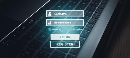 interfaz vr en laptop de acceso seguro a la información personal del usuario. Inicie sesión o regístrese con nombre de usuario y contraseña. ciberseguridad y protección de datos. foto