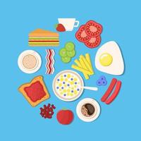 Set of products for Breakfast in flat style. The morning menu includes sandwich, scrambled eggs, coffee, vegetables, beans, bacon and more vector