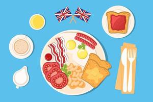 English Breakfast, vector illustration in flat style. Set of elements, scrambled eggs, bacon, bread, sausages, white beans, tomatoes, jam, coffee, juice.