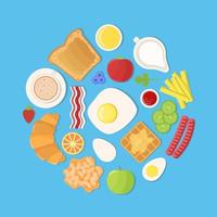 Set of products for Breakfast in flat style. The morning menu includes scrambled eggs, coffee, vegetables, beans, bacon, berries and more. vector