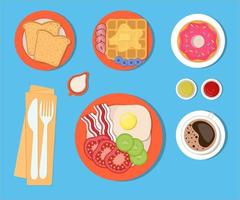 Food and drinks for Breakfast, set of isolated elements. Vector illustration in flat style.