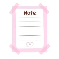 linda plantilla de nota rosa para planificar con cintas adhesivas y corazón. diseño acogedor de horario, planificador diario o lista de verificación. vector