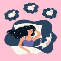 Girl with hair in stars is lying in bed with white cat. Young woman falling asleep, dreaming and counting sheep. Dream cloud with jumping lambs. Healthy sleeping, sweet dreams, pet, home, rest vector