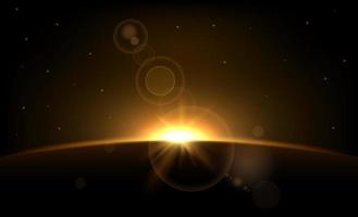 Sun eclipse. Solar ring on dark backdrop. Planet with sun rays. Abstract light effect. golden glow in space. Earth horizon with lights. Realistic sunrise with glares. Vector illustration.