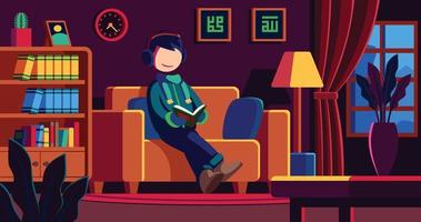 Young Man Reading Book Cozy Setting In Winter Illustration vector