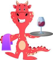 Red dragon is serving a glaass of vine, illustration, vector on white background.