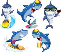 Set of summer shark cartoon character vector