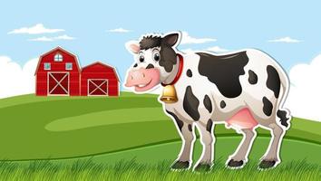 Cow in farm meadow background vector