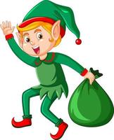 Christmas elf holding present bag vector
