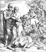 Return of Agamemnon and Cassandra to Mycenae, vintage illustration. vector