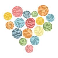 Colorful yarn balls in heart shape. Hand drawn vector illustration of knitting supplies, hobby items, needlework, leisure time concept