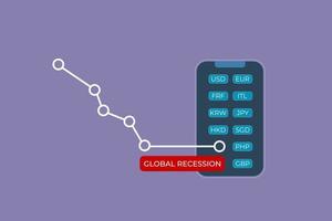 illustration of global recession with stock chart falling sharply.   Currencies from various countries such as USD, EUR, JPY, ITL, HKD, SGD countries experiencing global recession vector